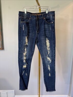 Street denim distressed Dark Blue Women's Ankle Jeans - Casual Cropped Fit EUC
